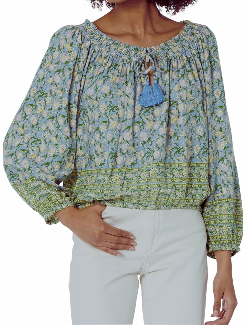 Lucky Brand Peasant Top, Blue/ Green Bubble Hem, Floral Pattern, Sz S